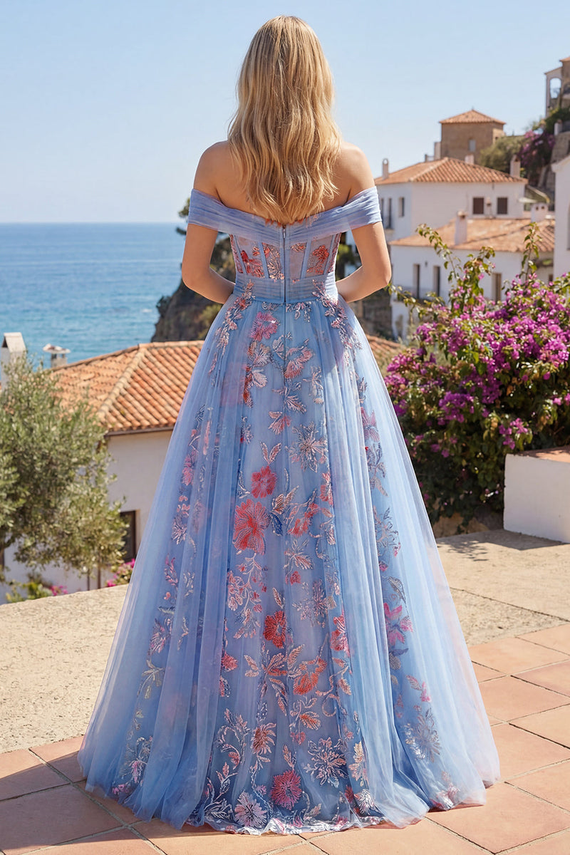 Laden Sie das Bild in den Galerie-Viewer, A Linie Blumen Korsett Blau Lang Schulterfrei Ballkleid