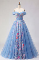 Laden Sie das Bild in den Galerie-Viewer, A Linie Blumen Korsett Blau Lang Schulterfrei Ballkleid