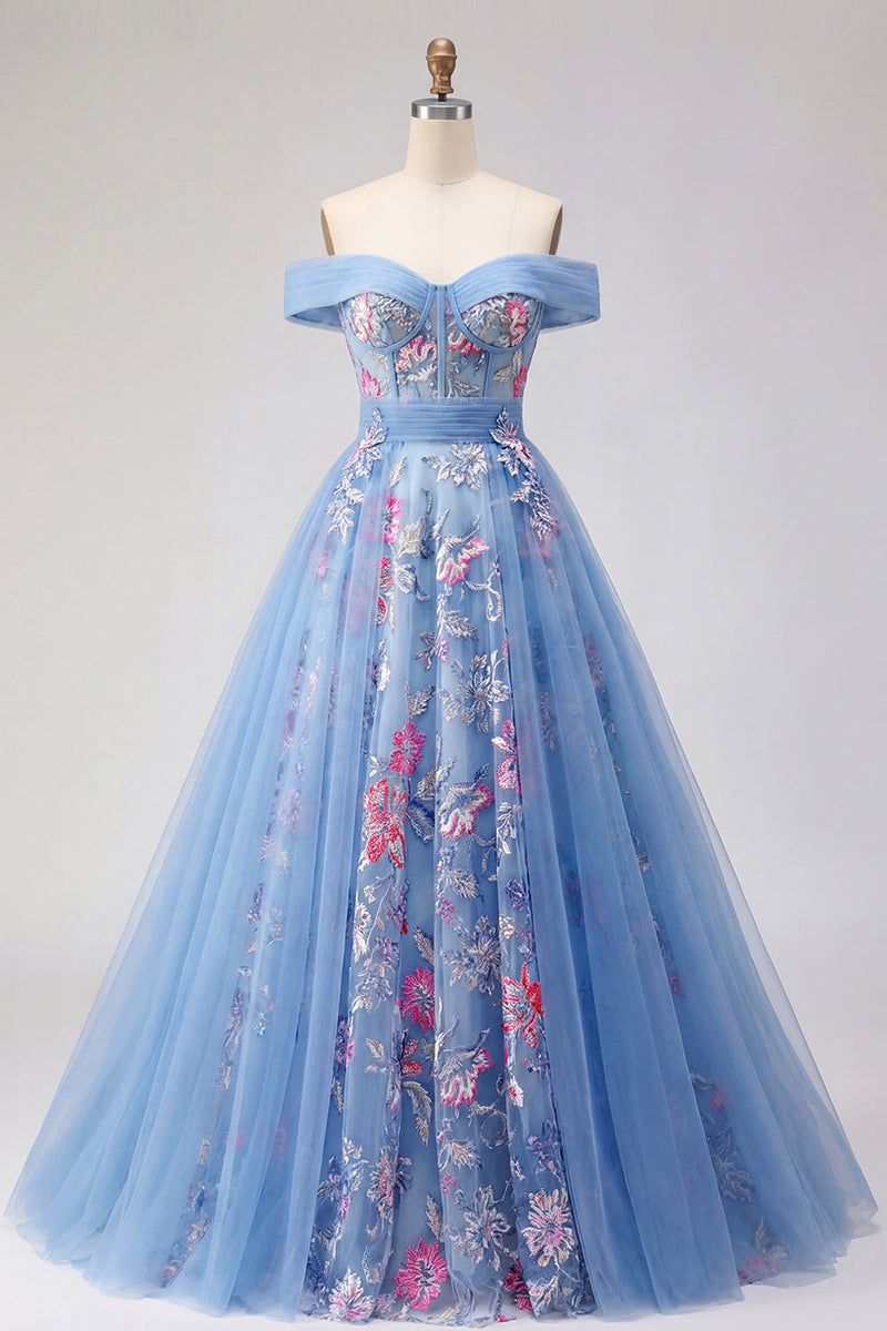 Laden Sie das Bild in den Galerie-Viewer, A Linie Blumen Korsett Blau Lang Schulterfrei Ballkleid