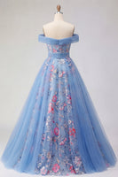 Laden Sie das Bild in den Galerie-Viewer, A Linie Blumen Korsett Blau Lang Schulterfrei Ballkleid