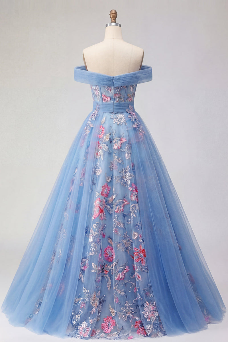 Laden Sie das Bild in den Galerie-Viewer, A Linie Blumen Korsett Blau Lang Schulterfrei Ballkleid