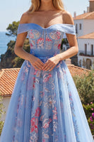 Laden Sie das Bild in den Galerie-Viewer, A Linie Blumen Korsett Blau Lang Schulterfrei Ballkleid