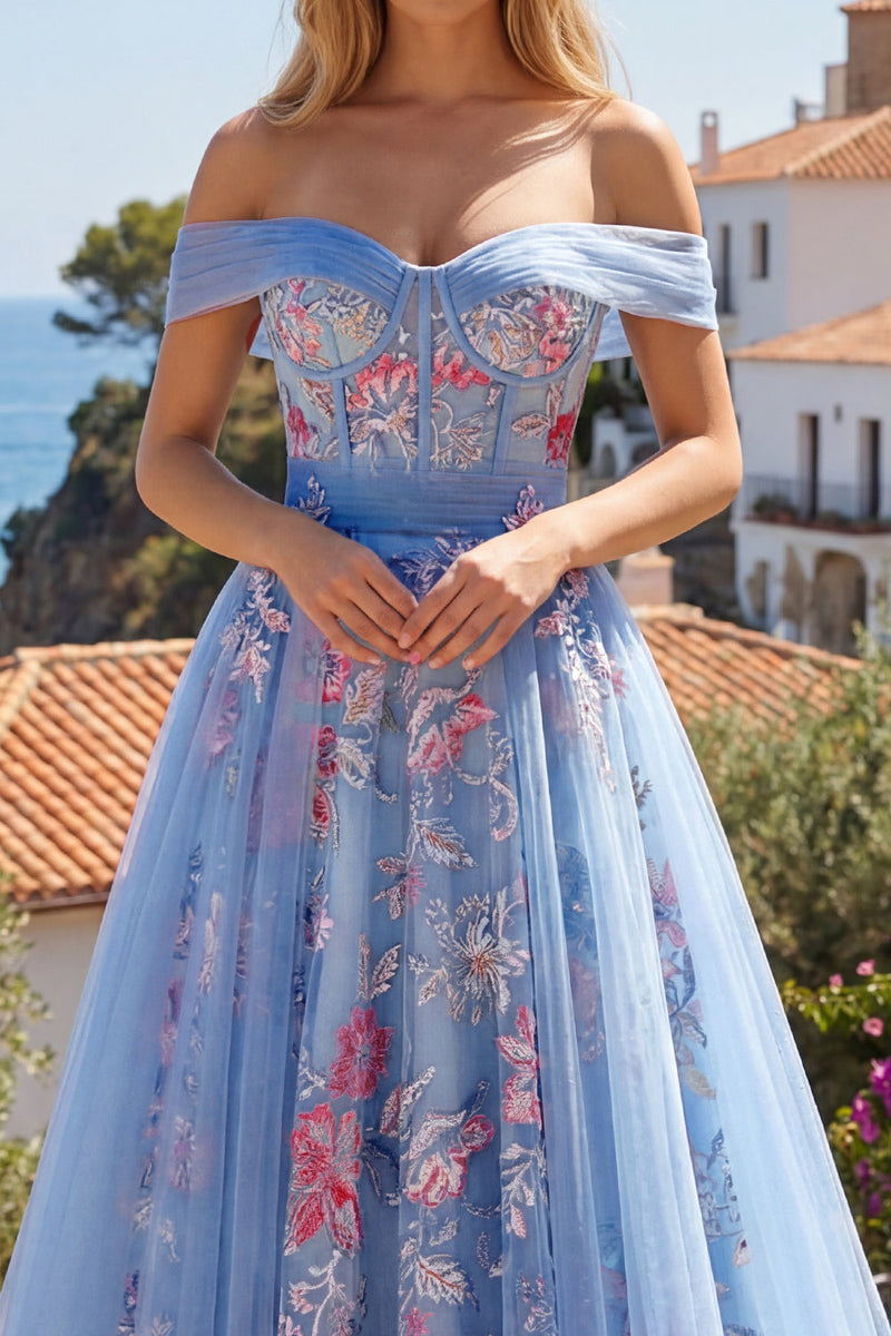 Laden Sie das Bild in den Galerie-Viewer, A Linie Blumen Korsett Blau Lang Schulterfrei Ballkleid