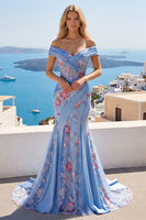 Laden Sie das Bild in den Galerie-Viewer, Meerjungfrau Gerafft Blumen Korsett Blau Lang Schulterfrei Ballkleid