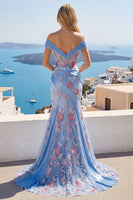 Laden Sie das Bild in den Galerie-Viewer, Meerjungfrau Gerafft Blumen Korsett Blau Lang Schulterfrei Ballkleid