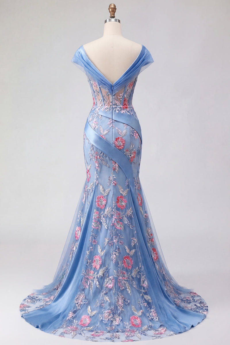 Laden Sie das Bild in den Galerie-Viewer, Meerjungfrau Gerafft Blumen Korsett Blau Lang Schulterfrei Ballkleid