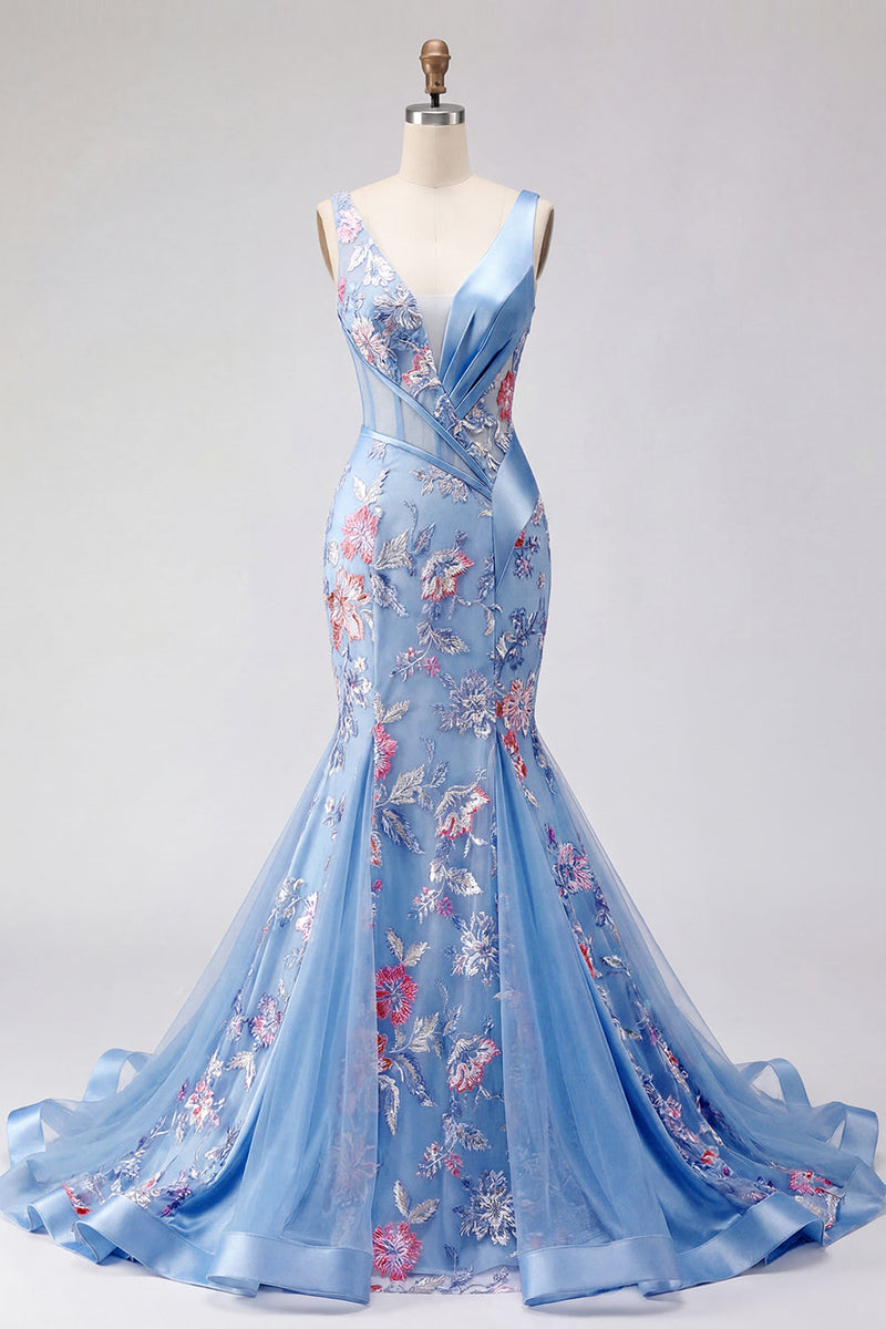 Laden Sie das Bild in den Galerie-Viewer, Meerjungfrau V-Ausschnitt Gerafft Blumen Korsett Blau Lang Ballkleid