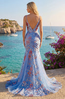 Laden Sie das Bild in den Galerie-Viewer, Spaghettiträger Meerjungfrau Gerafft Blumen Blau Lang Ballkleid