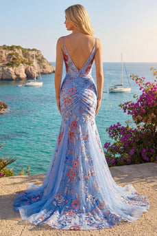 Spaghettiträger Meerjungfrau Gerafft Blumen Blau Lang Ballkleid