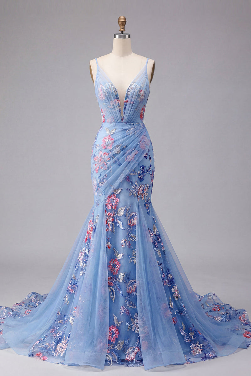 Laden Sie das Bild in den Galerie-Viewer, Spaghettiträger Meerjungfrau Gerafft Blumen Blau Lang Ballkleid