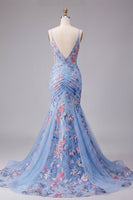 Laden Sie das Bild in den Galerie-Viewer, Spaghettiträger Meerjungfrau Gerafft Blumen Blau Lang Ballkleid