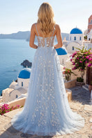 Laden Sie das Bild in den Galerie-Viewer, A Linie Lang Blumen Perlenstickerei Spaghettiträger Glitzerndes Blau Korsett Ballkleid