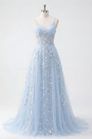 Laden Sie das Bild in den Galerie-Viewer, A Linie Lang Blumen Perlenstickerei Spaghettiträger Glitzerndes Blau Korsett Ballkleid