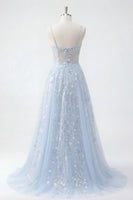 Laden Sie das Bild in den Galerie-Viewer, A Linie Lang Blumen Perlenstickerei Spaghettiträger Glitzerndes Blau Korsett Ballkleid