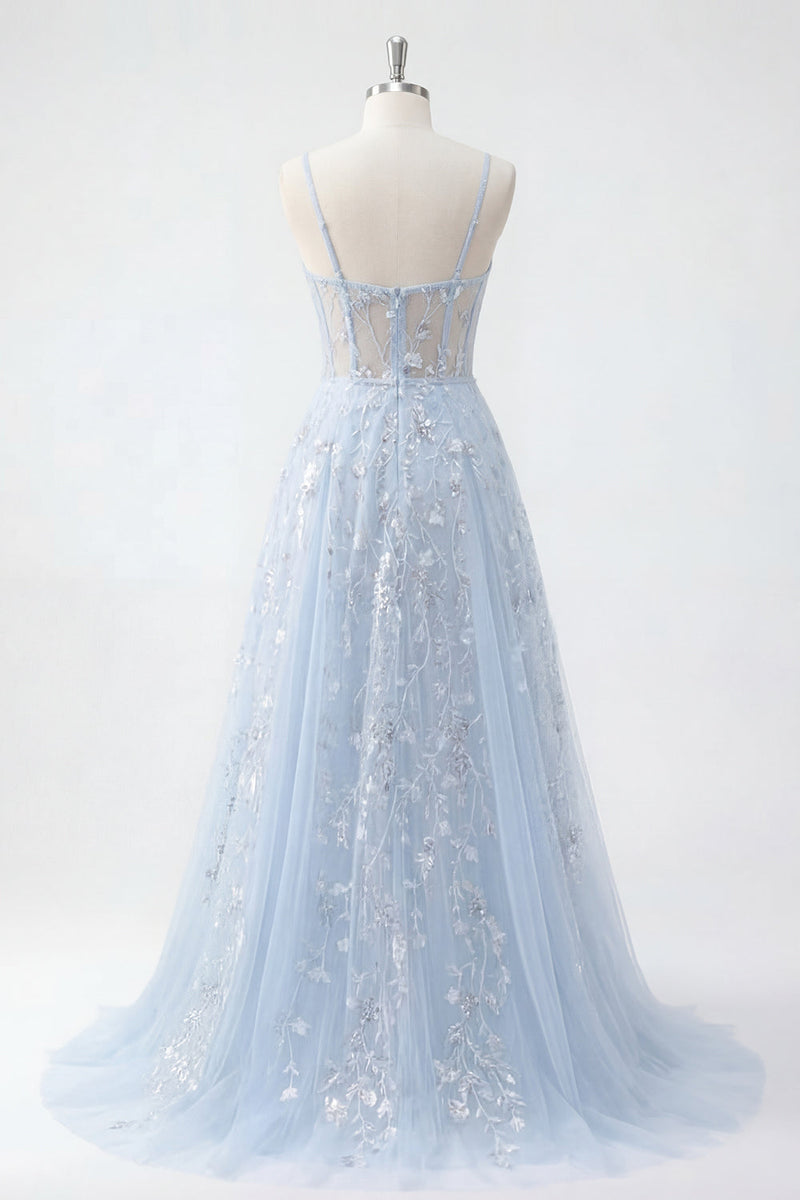 Laden Sie das Bild in den Galerie-Viewer, A Linie Lang Blumen Perlenstickerei Spaghettiträger Glitzerndes Blau Korsett Ballkleid
