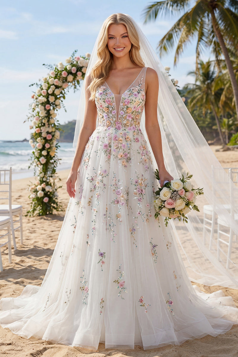 Laden Sie das Bild in den Galerie-Viewer, Blumen Korsett V-Ausschnitt Weiß A Linie Führungszug Rückenfrei Brautkleid