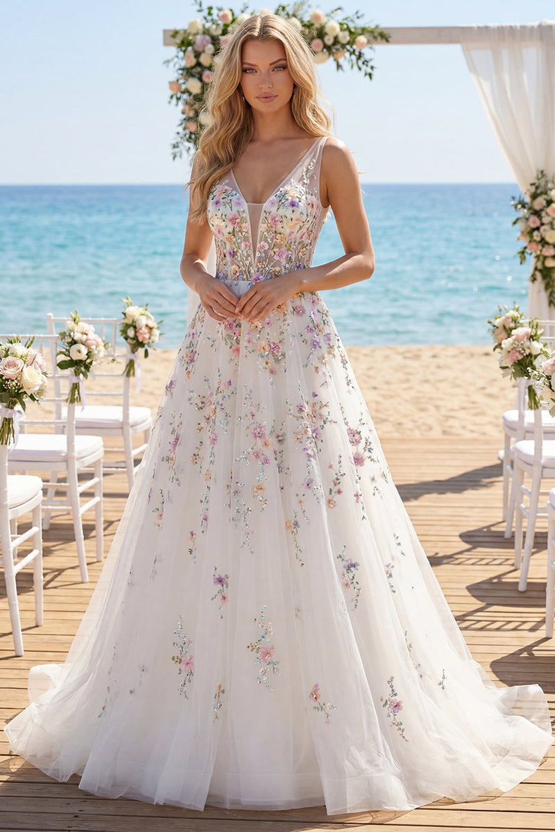 Laden Sie das Bild in den Galerie-Viewer, Blumen Korsett V-Ausschnitt Weiß A Linie Führungszug Rückenfrei Brautkleid