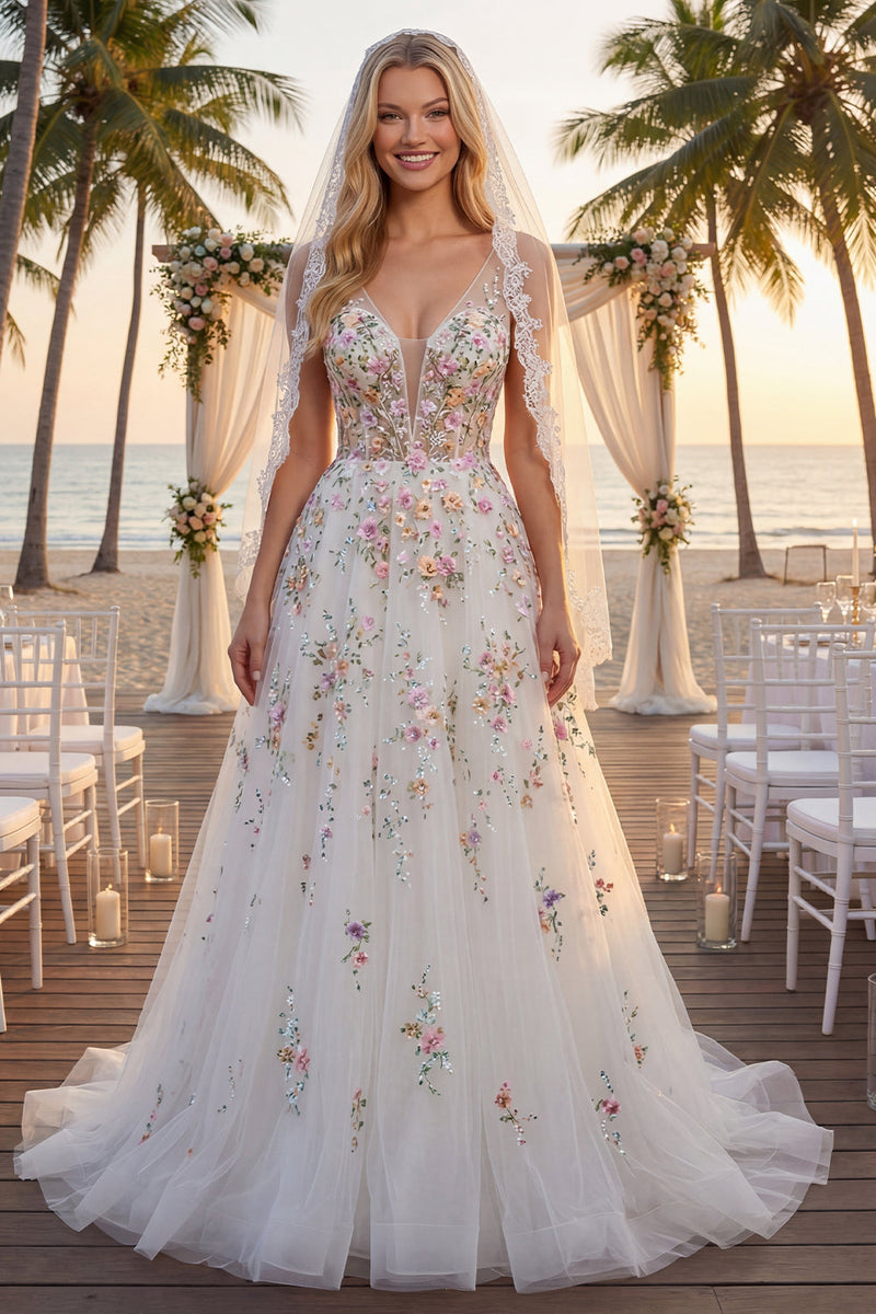 Laden Sie das Bild in den Galerie-Viewer, Blumen Korsett V-Ausschnitt Weiß A Linie Führungszug Rückenfrei Brautkleid