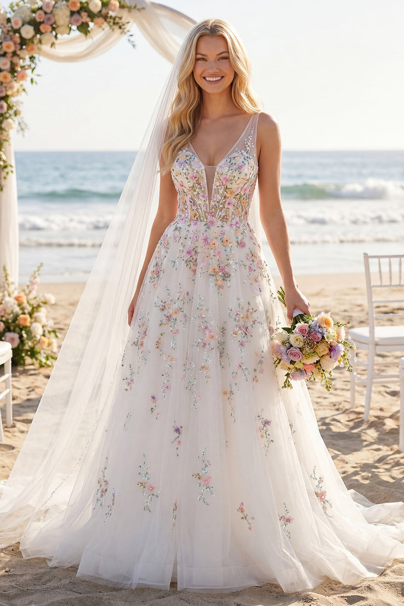 Laden Sie das Bild in den Galerie-Viewer, Blumen Korsett V-Ausschnitt Weiß A Linie Führungszug Rückenfrei Brautkleid