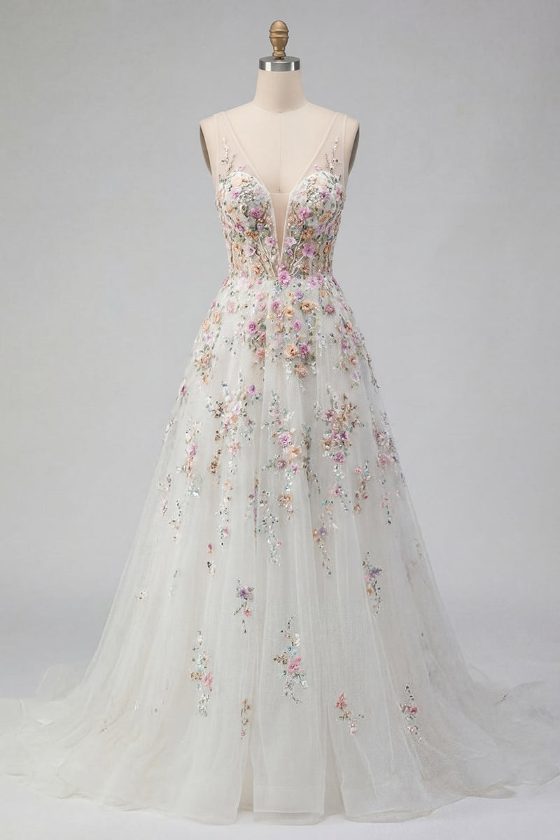 Laden Sie das Bild in den Galerie-Viewer, Blumen Korsett V-Ausschnitt Weiß A Linie Führungszug Rückenfrei Brautkleid