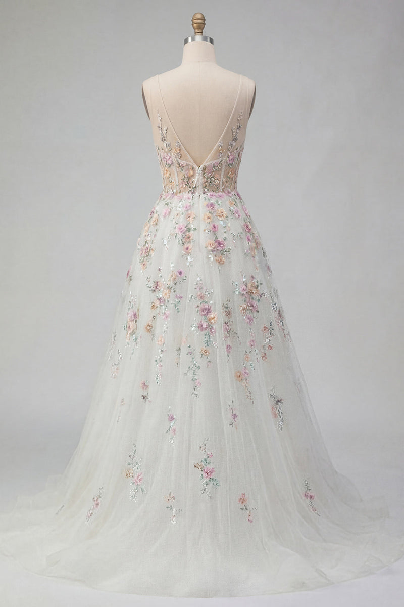 Laden Sie das Bild in den Galerie-Viewer, Blumen Korsett V-Ausschnitt Weiß A Linie Führungszug Rückenfrei Brautkleid