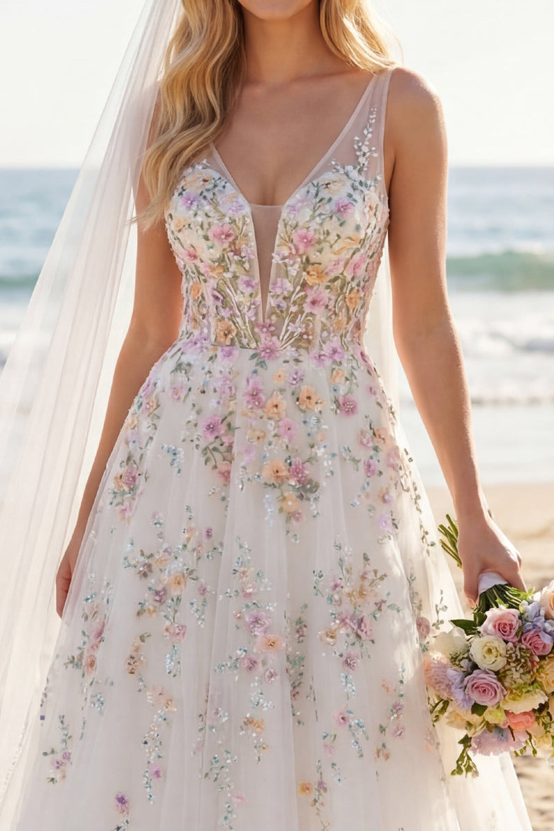 Laden Sie das Bild in den Galerie-Viewer, Blumen Korsett V-Ausschnitt Weiß A Linie Führungszug Rückenfrei Brautkleid