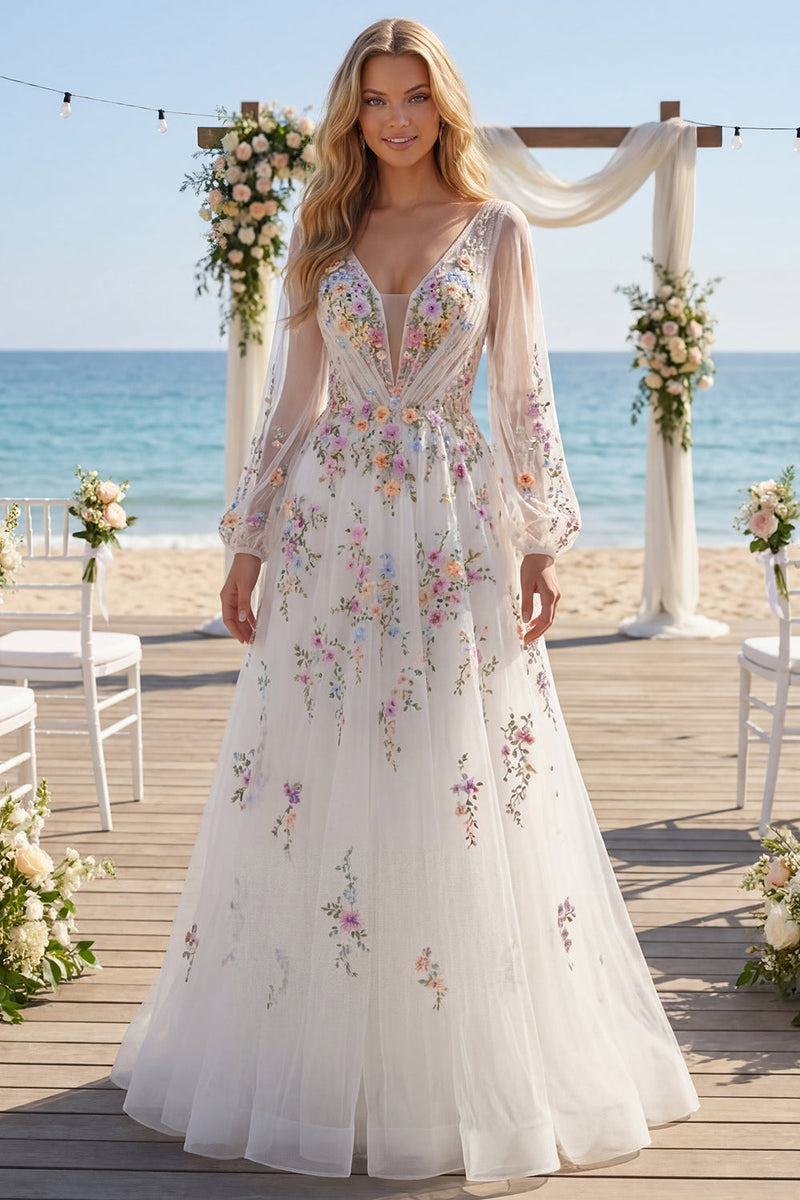 Laden Sie das Bild in den Galerie-Viewer, Lange Ärmel Blumen Gerafft V-Ausschnitt Weiß A Linie Bodenlang Brautkleid