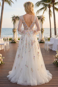 Lange Ärmel Blumen Gerafft V-Ausschnitt Weiß A Linie Bodenlang Brautkleid