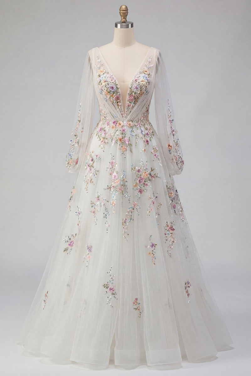 Laden Sie das Bild in den Galerie-Viewer, Lange Ärmel Blumen Gerafft V-Ausschnitt Weiß A Linie Bodenlang Brautkleid