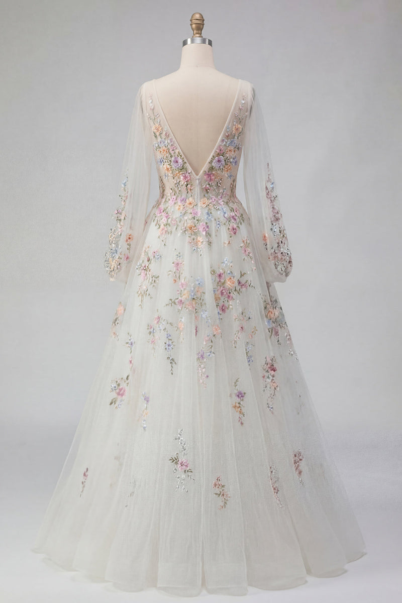 Laden Sie das Bild in den Galerie-Viewer, Lange Ärmel Blumen Gerafft V-Ausschnitt Weiß A Linie Bodenlang Brautkleid