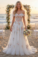 Laden Sie das Bild in den Galerie-Viewer, Schulterfrei Blumen Korsett Glitzerndes Weiß Perlenstickereid Führungszug Brautkleid