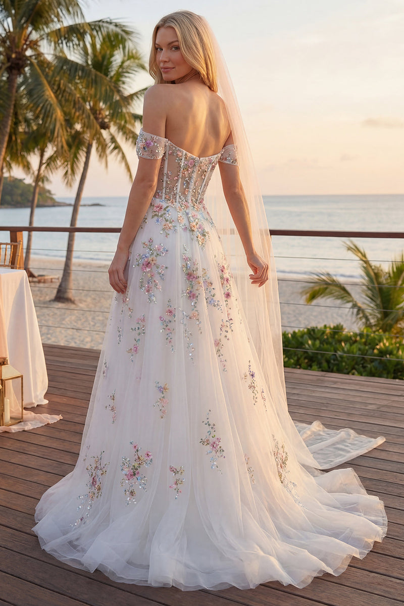 Laden Sie das Bild in den Galerie-Viewer, Schulterfrei Blumen Korsett Glitzerndes Weiß Perlenstickereid Führungszug Brautkleid