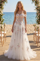 Laden Sie das Bild in den Galerie-Viewer, Schulterfrei Blumen Korsett Glitzerndes Weiß Perlenstickereid Führungszug Brautkleid