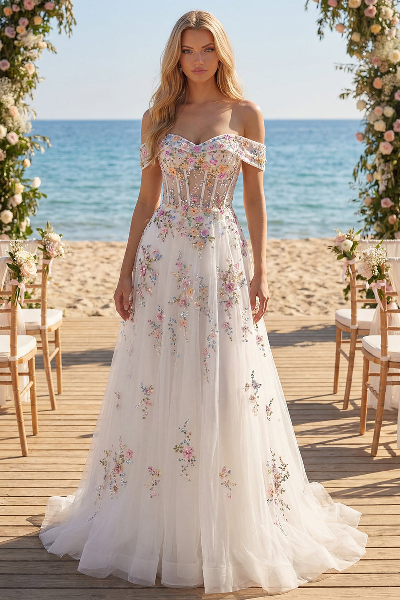 Laden Sie das Bild in den Galerie-Viewer, Schulterfrei Blumen Korsett Glitzerndes Weiß Perlenstickereid Führungszug Brautkleid