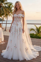 Laden Sie das Bild in den Galerie-Viewer, Schulterfrei Blumen Korsett Glitzerndes Weiß Perlenstickereid Führungszug Brautkleid