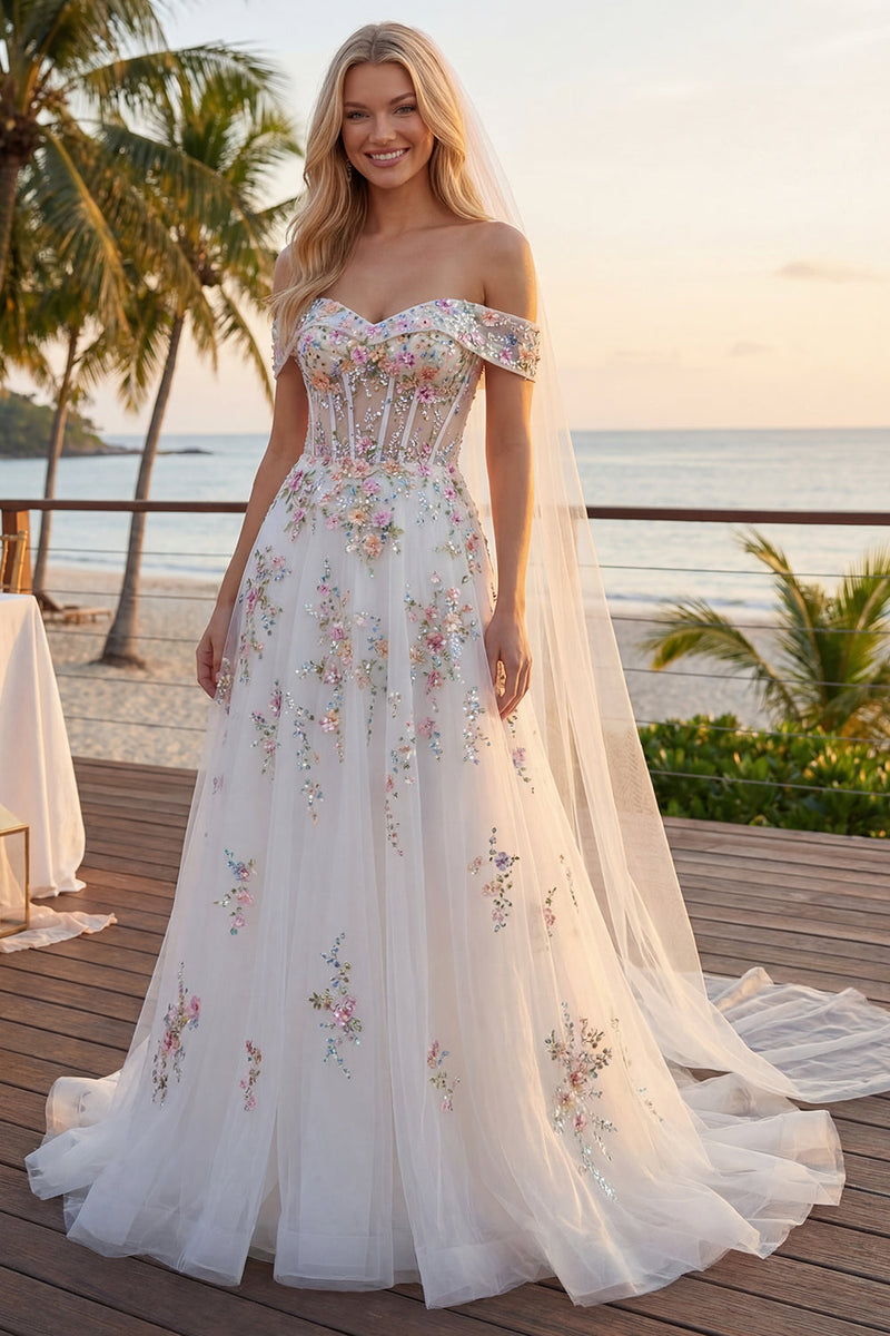 Laden Sie das Bild in den Galerie-Viewer, Schulterfrei Blumen Korsett Glitzerndes Weiß Perlenstickereid Führungszug Brautkleid