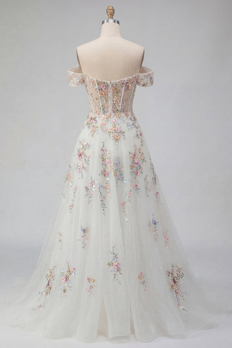Laden Sie das Bild in den Galerie-Viewer, Schulterfrei Blumen Korsett Glitzerndes Weiß Perlenstickereid Führungszug Brautkleid