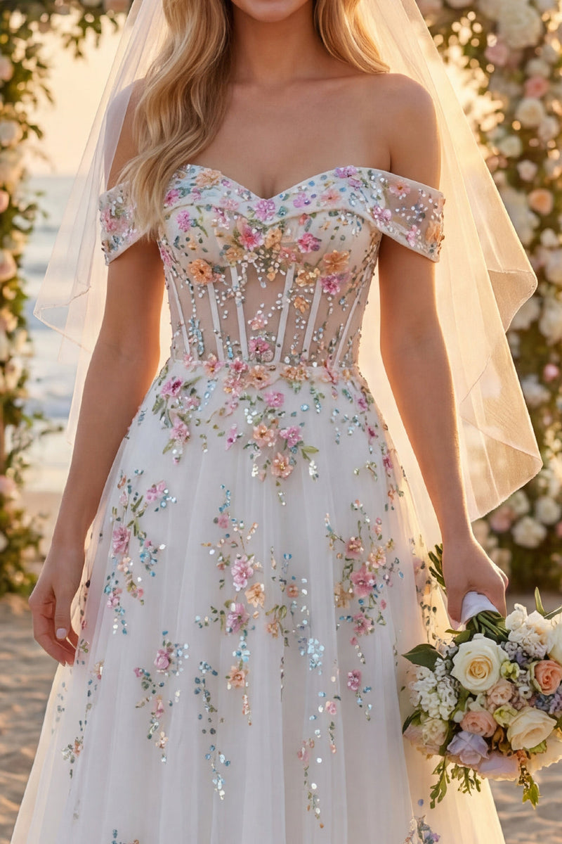 Laden Sie das Bild in den Galerie-Viewer, Schulterfrei Blumen Korsett Glitzerndes Weiß Perlenstickereid Führungszug Brautkleid