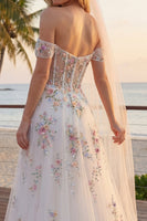 Laden Sie das Bild in den Galerie-Viewer, Schulterfrei Blumen Korsett Glitzerndes Weiß Perlenstickereid Führungszug Brautkleid