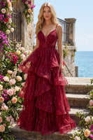 Laden Sie das Bild in den Galerie-Viewer, Spaghettiträger A Linie Glitzerndes Bordeaux Lang Perlenstickerei Ballkleid mit Rüschen