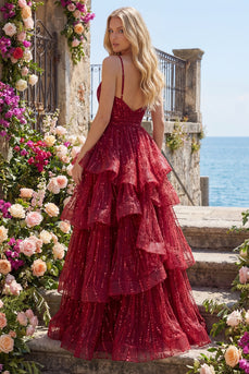 Spaghettiträger A Linie Glitzerndes Bordeaux Lang Perlenstickerei Ballkleid mit Rüschen