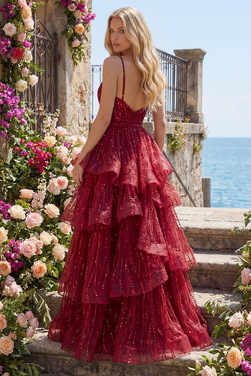 Laden Sie das Bild in den Galerie-Viewer, Spaghettiträger A Linie Glitzerndes Bordeaux Lang Perlenstickerei Ballkleid mit Rüschen