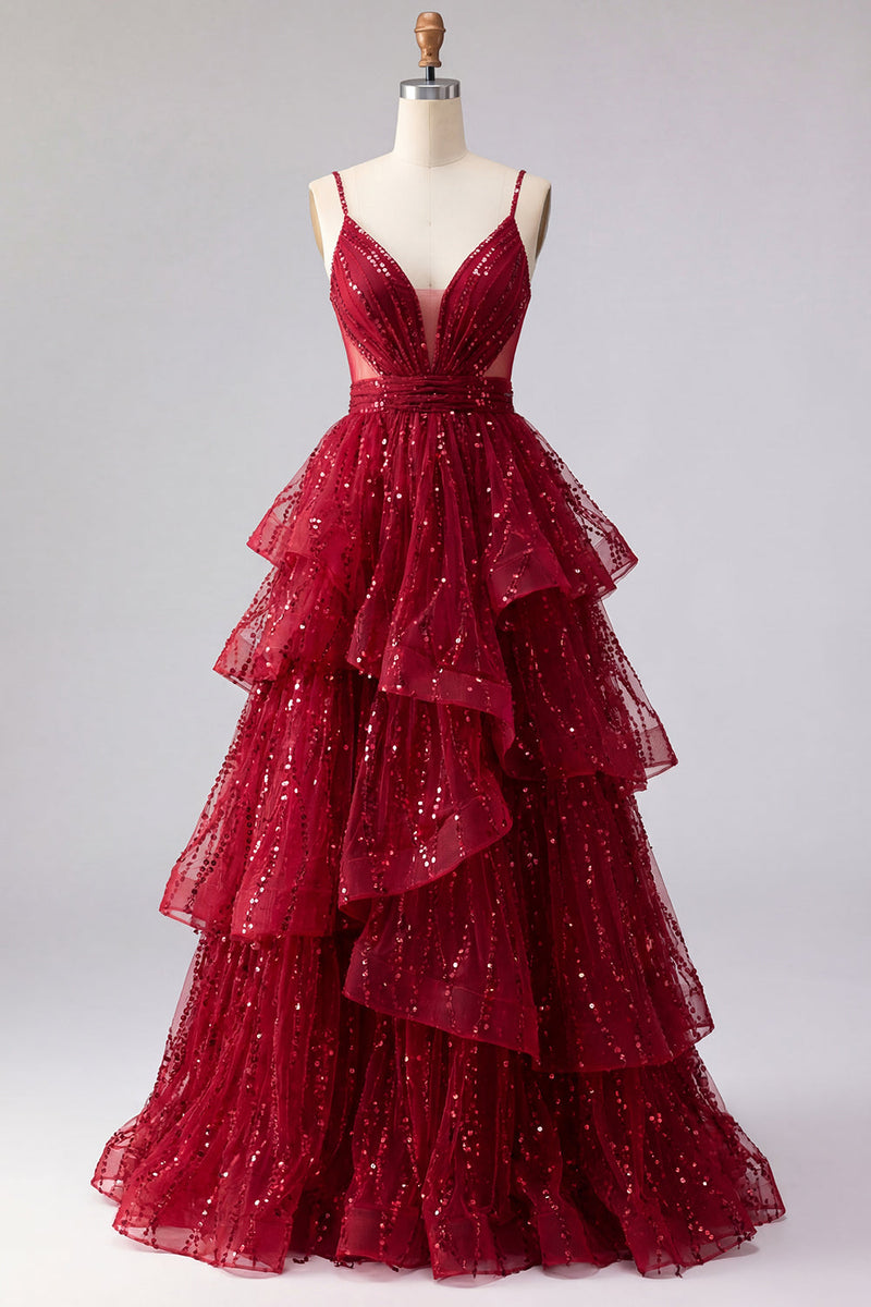 Laden Sie das Bild in den Galerie-Viewer, Spaghettiträger A Linie Glitzerndes Bordeaux Lang Perlenstickerei Ballkleid mit Rüschen