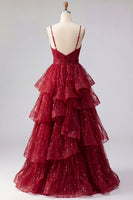 Laden Sie das Bild in den Galerie-Viewer, Spaghettiträger A Linie Glitzerndes Bordeaux Lang Perlenstickerei Ballkleid mit Rüschen
