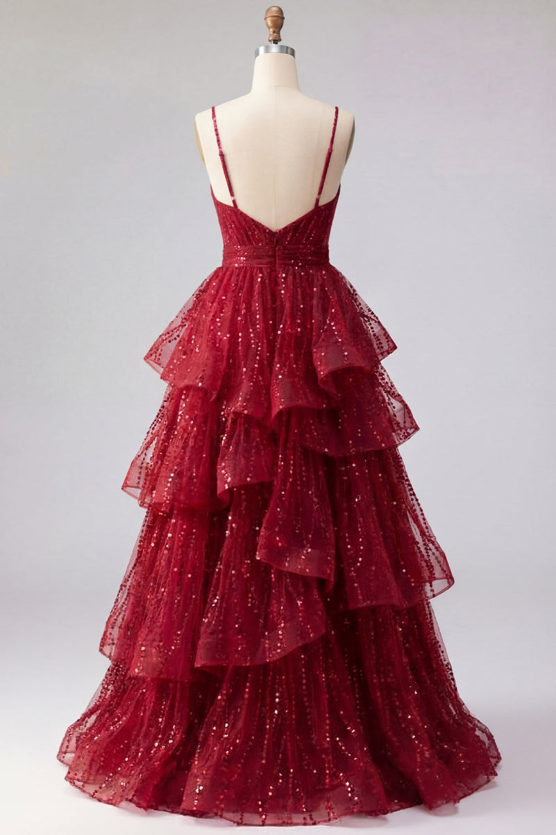 Laden Sie das Bild in den Galerie-Viewer, Spaghettiträger A Linie Glitzerndes Bordeaux Lang Perlenstickerei Ballkleid mit Rüschen