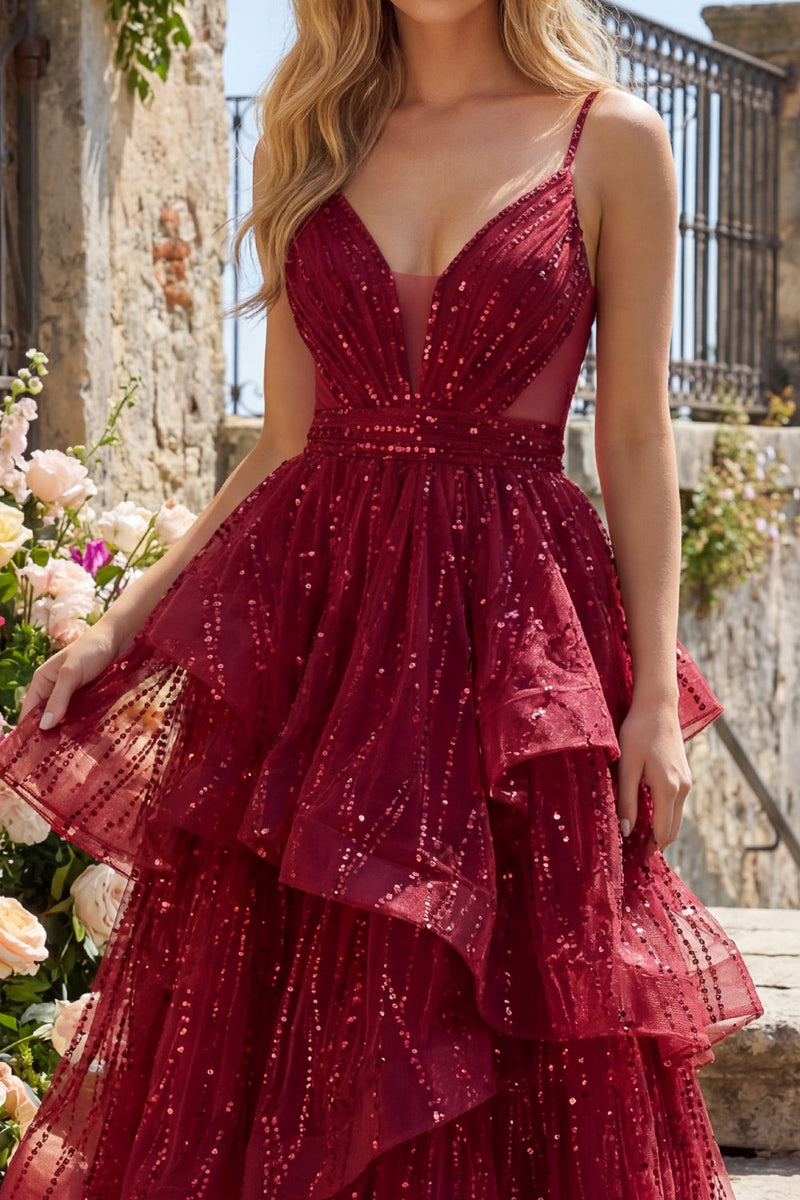 Laden Sie das Bild in den Galerie-Viewer, Spaghettiträger A Linie Glitzerndes Bordeaux Lang Perlenstickerei Ballkleid mit Rüschen