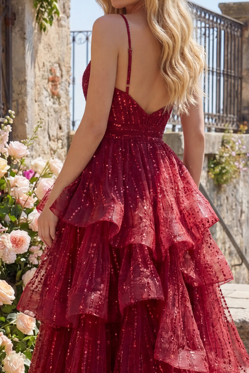 Laden Sie das Bild in den Galerie-Viewer, Spaghettiträger A Linie Glitzerndes Bordeaux Lang Perlenstickerei Ballkleid mit Rüschen