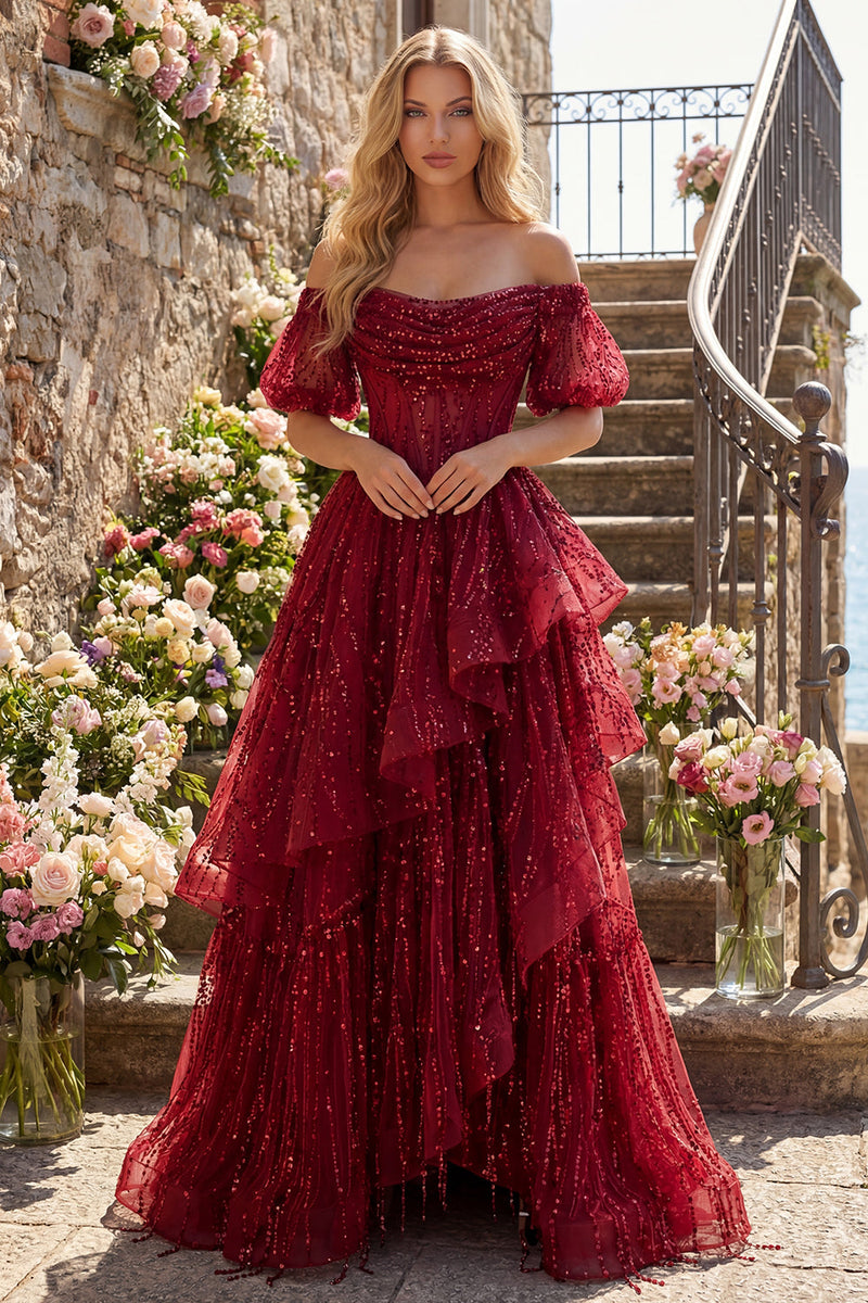 Laden Sie das Bild in den Galerie-Viewer, Puffärmel Korsett A Linie Glitzerndes Bordeaux Lang Perlenstickerei Ballkleid mit Rüschen