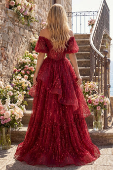 Puffärmel Korsett A Linie Glitzerndes Bordeaux Lang Perlenstickerei Ballkleid mit Rüschen