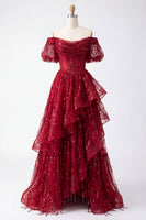 Laden Sie das Bild in den Galerie-Viewer, Puffärmel Korsett A Linie Glitzerndes Bordeaux Lang Perlenstickerei Ballkleid mit Rüschen